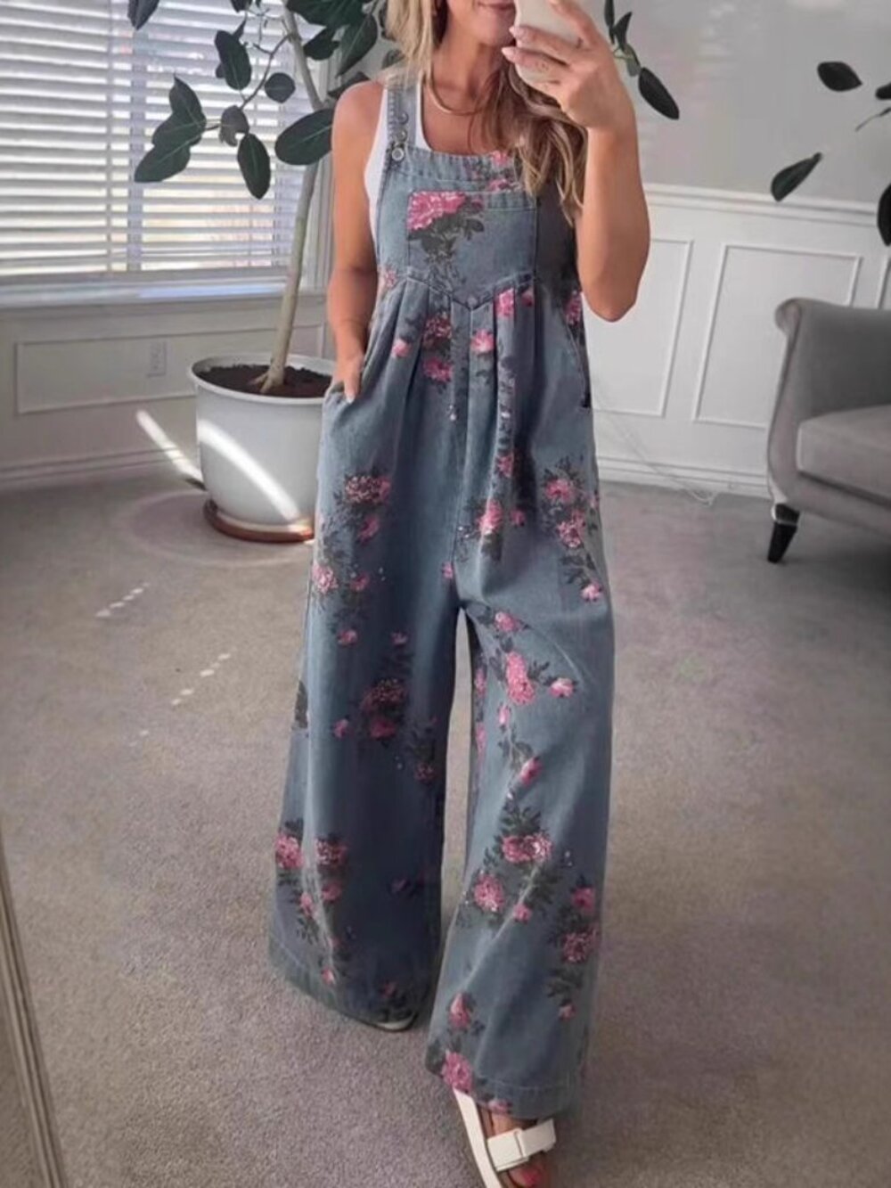 Women's Floral Denim Overalls in Dark Blue with Pink Print